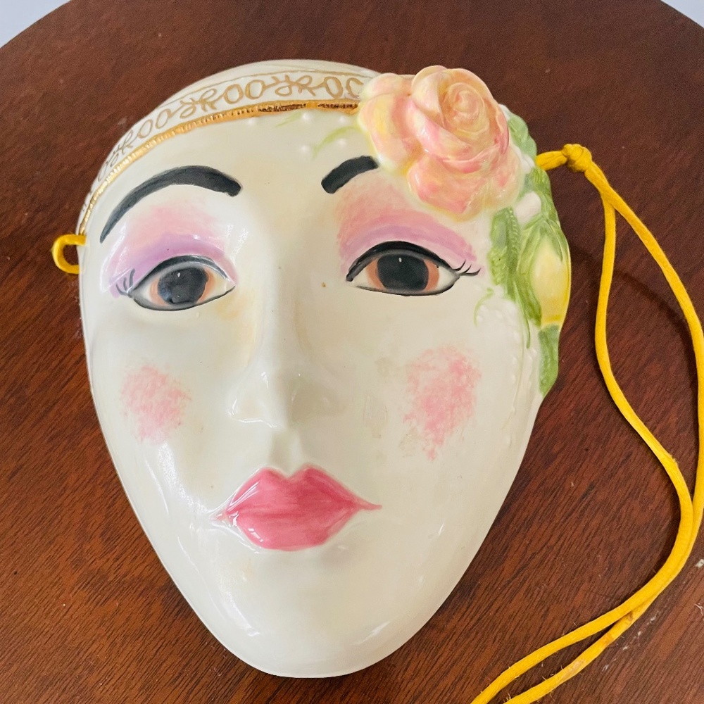 Vintage ceramic decorative face mask with floral embellishments, Art Deco Mask